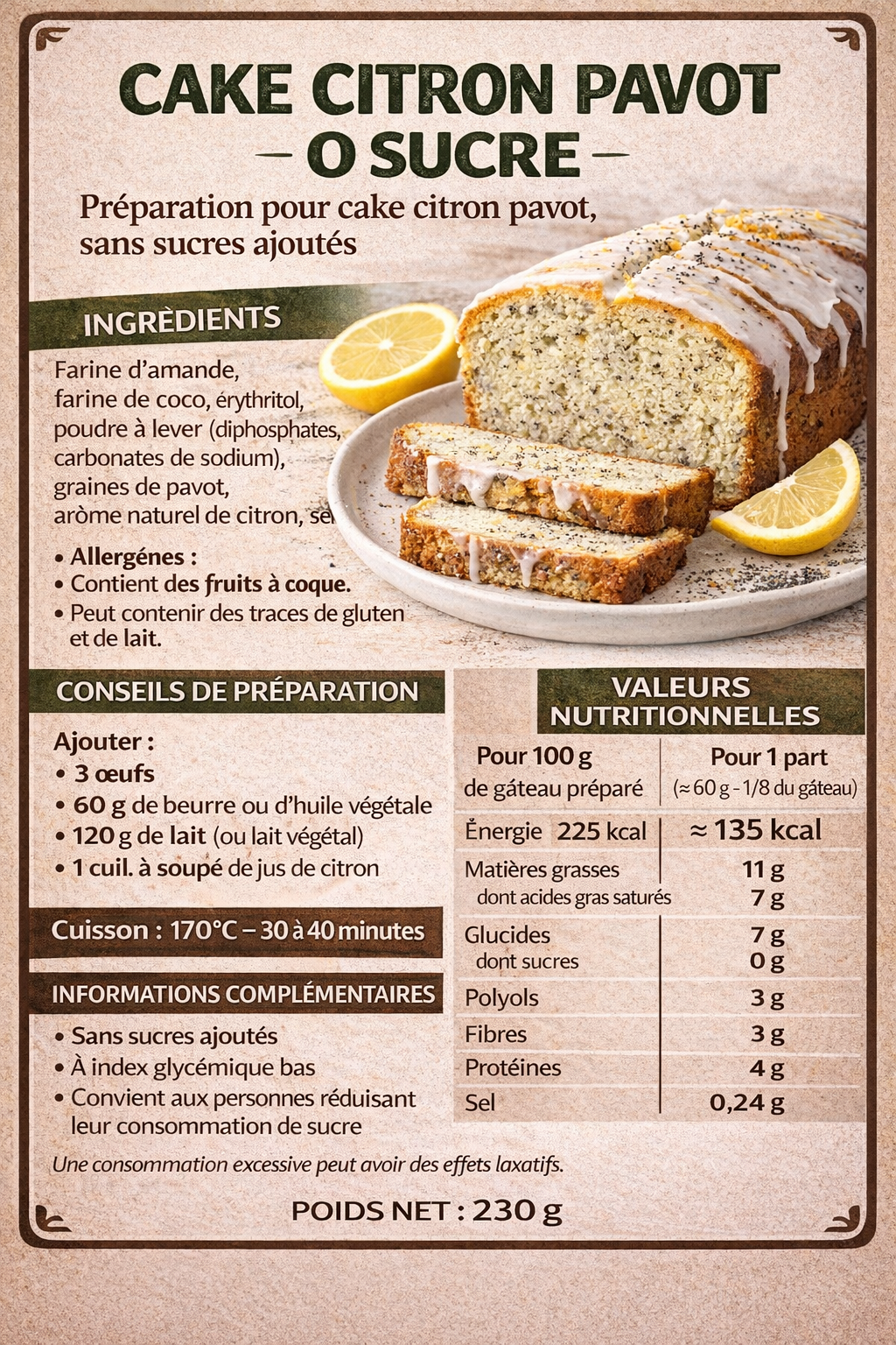 Préparation pour cake citron pavot 0 sucre