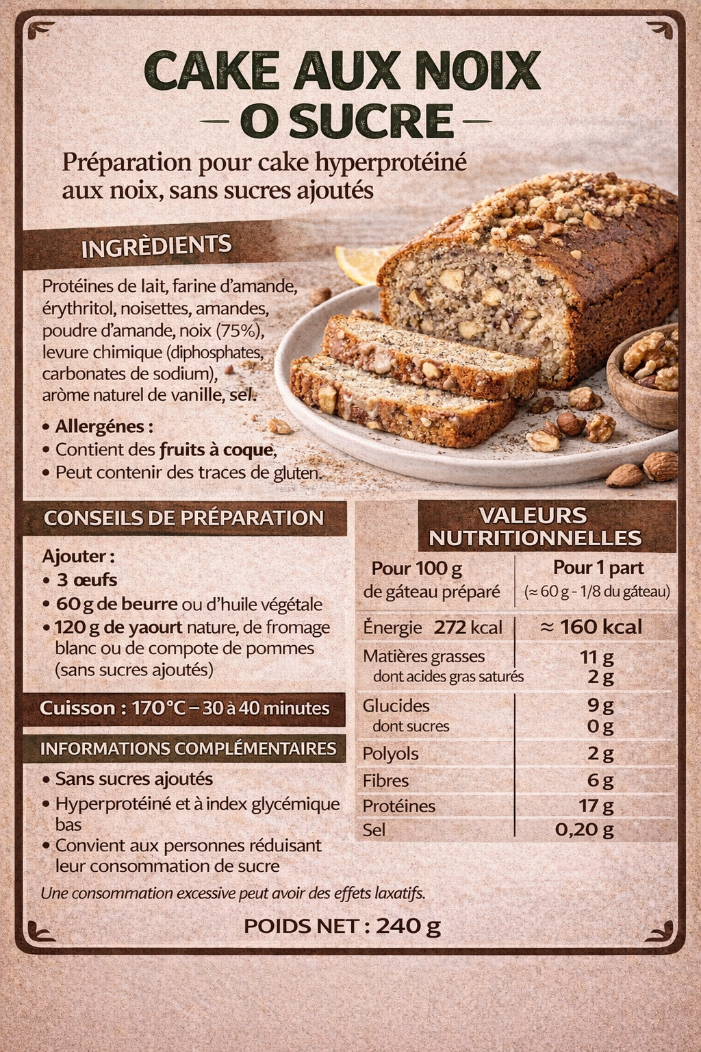 Préparation pour cake aux noix hyperproteiné 0 sucre