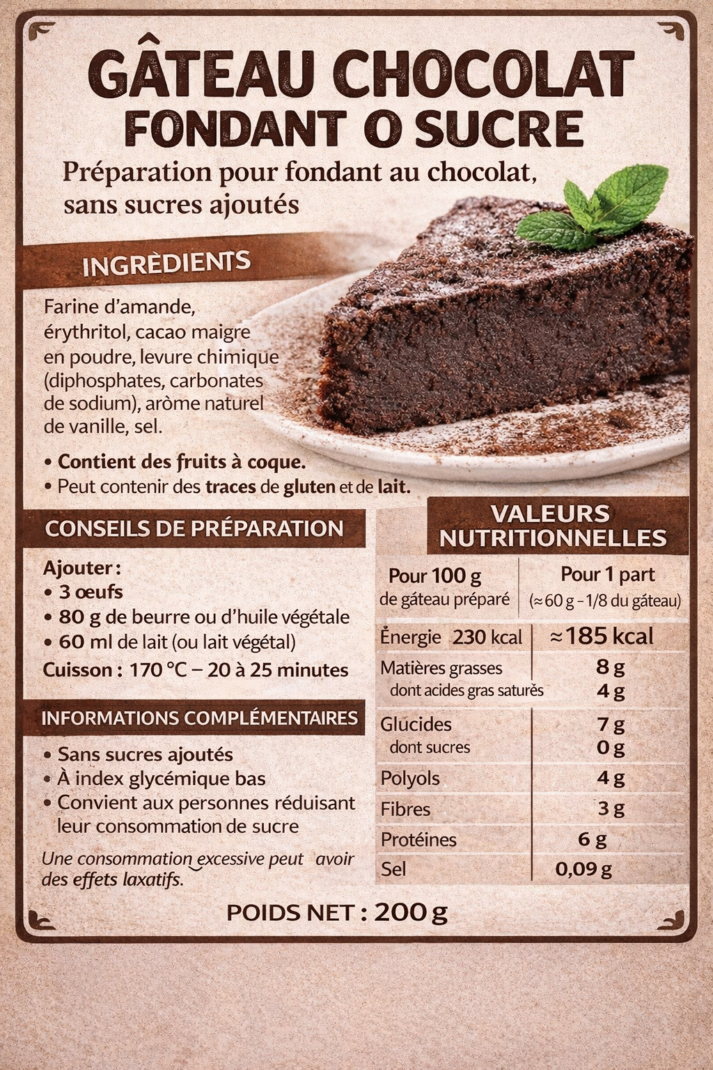 Préparation pour fondant au chocolat 0 sucre