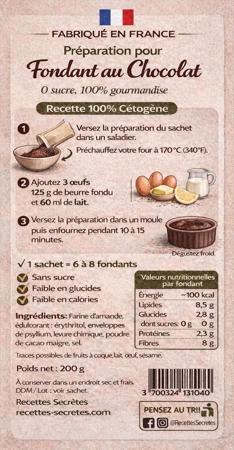 Préparation fondant au chocolat Kéto 0 sucre