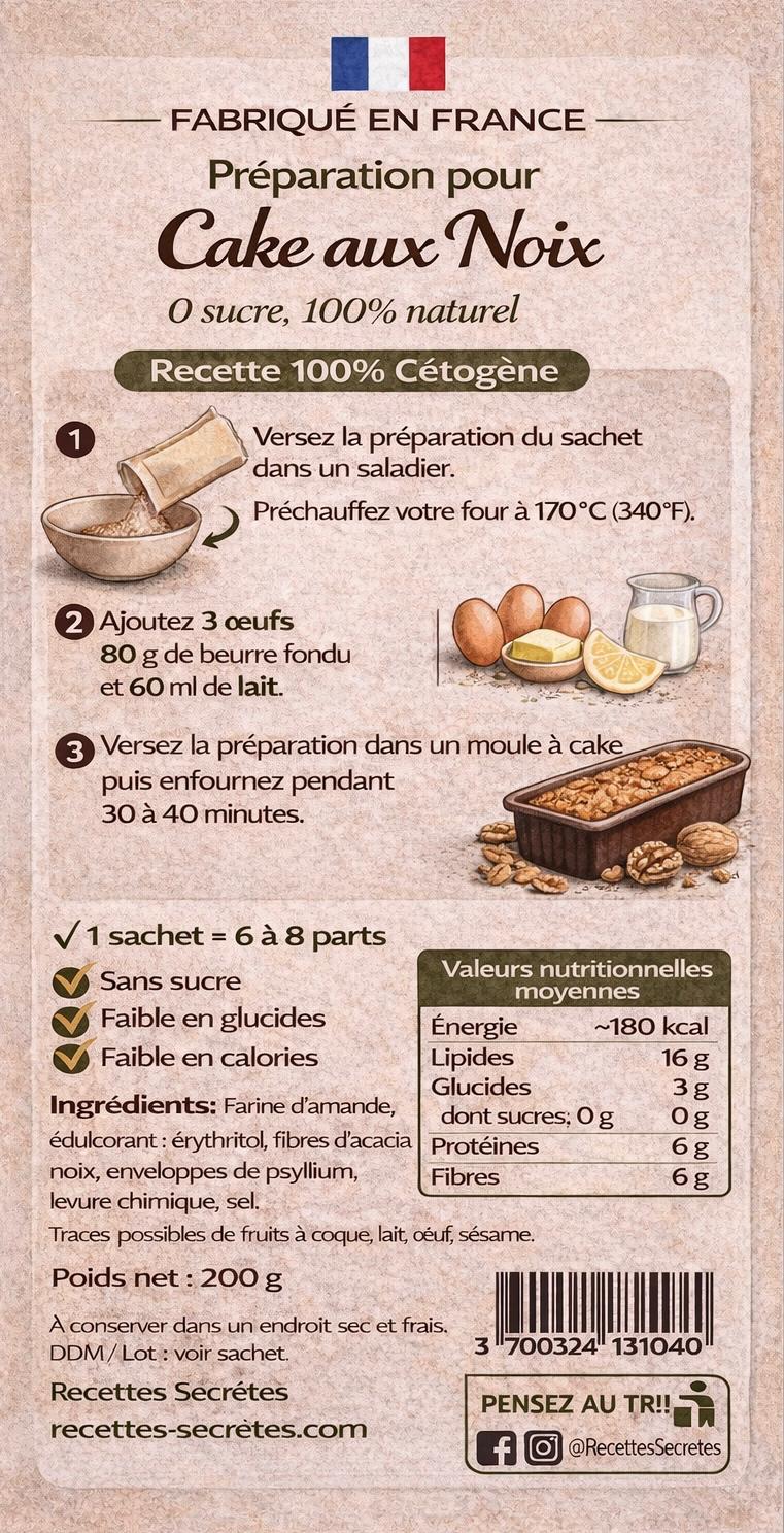Préparation cake aux noix hyperprotéiné 0 sucre